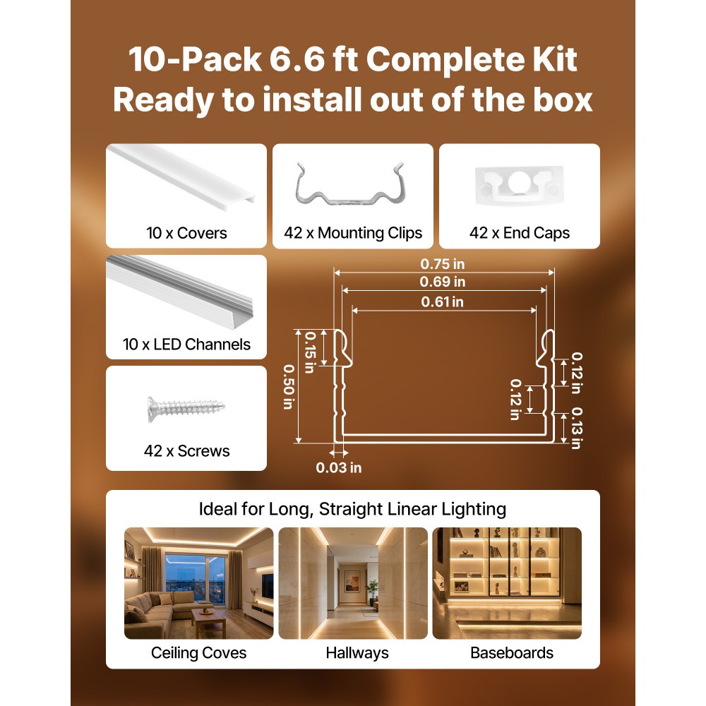 VEVOR 10-Pack 6.6 ft/2M Plus-Size U Shape LED Aluminum Channel, with Milky Cover, End Caps and Mounting Clips, Aluminum Profile for LED Strip Light, Easy Installation, for Under Cabinet Ceiling Coves