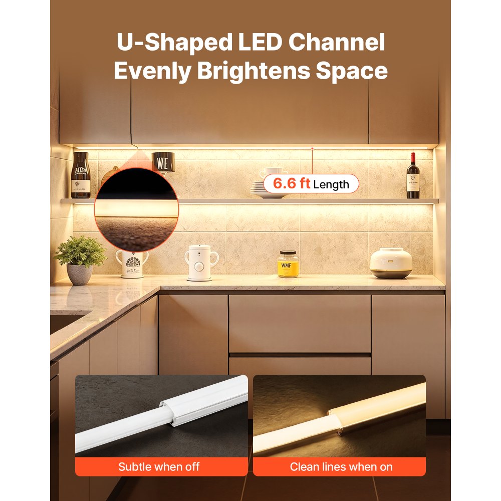 VEVOR 10-Pack 6.6 ft/2M U Shape LED Aluminum Channel, with Milky Cover, End Caps and Mounting Clips, Aluminum Profile for LED Strip Light Installations, Easy Installation, for Under Cabinet Counter