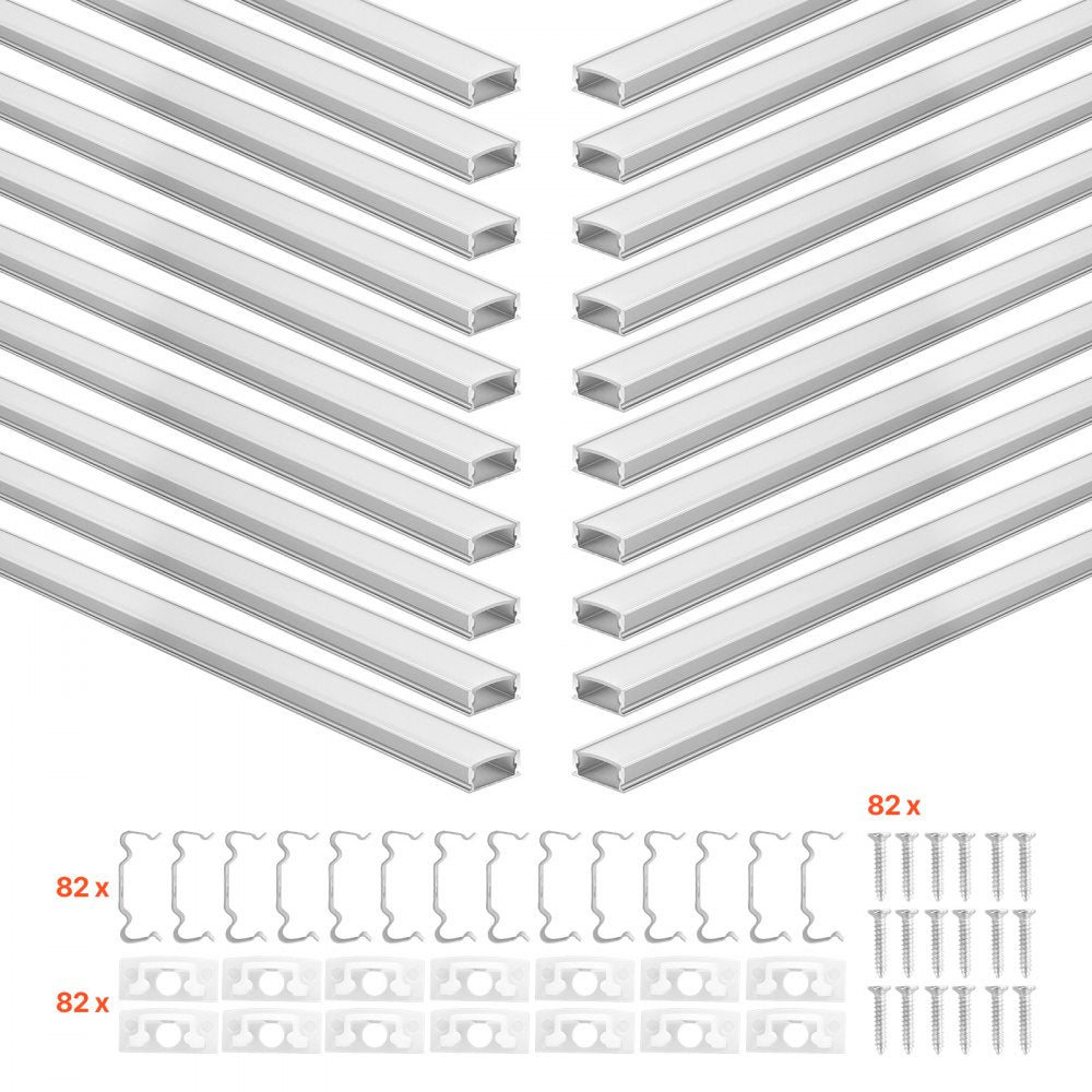 VEVOR 20-Pack 6.6 ft/2M U Shape LED Aluminum Channel, with Milky Cover, End Caps and Mounting Clips, Aluminum Profile for LED Strip Light Installations, Easy Installation, for Under Cabinet Counter