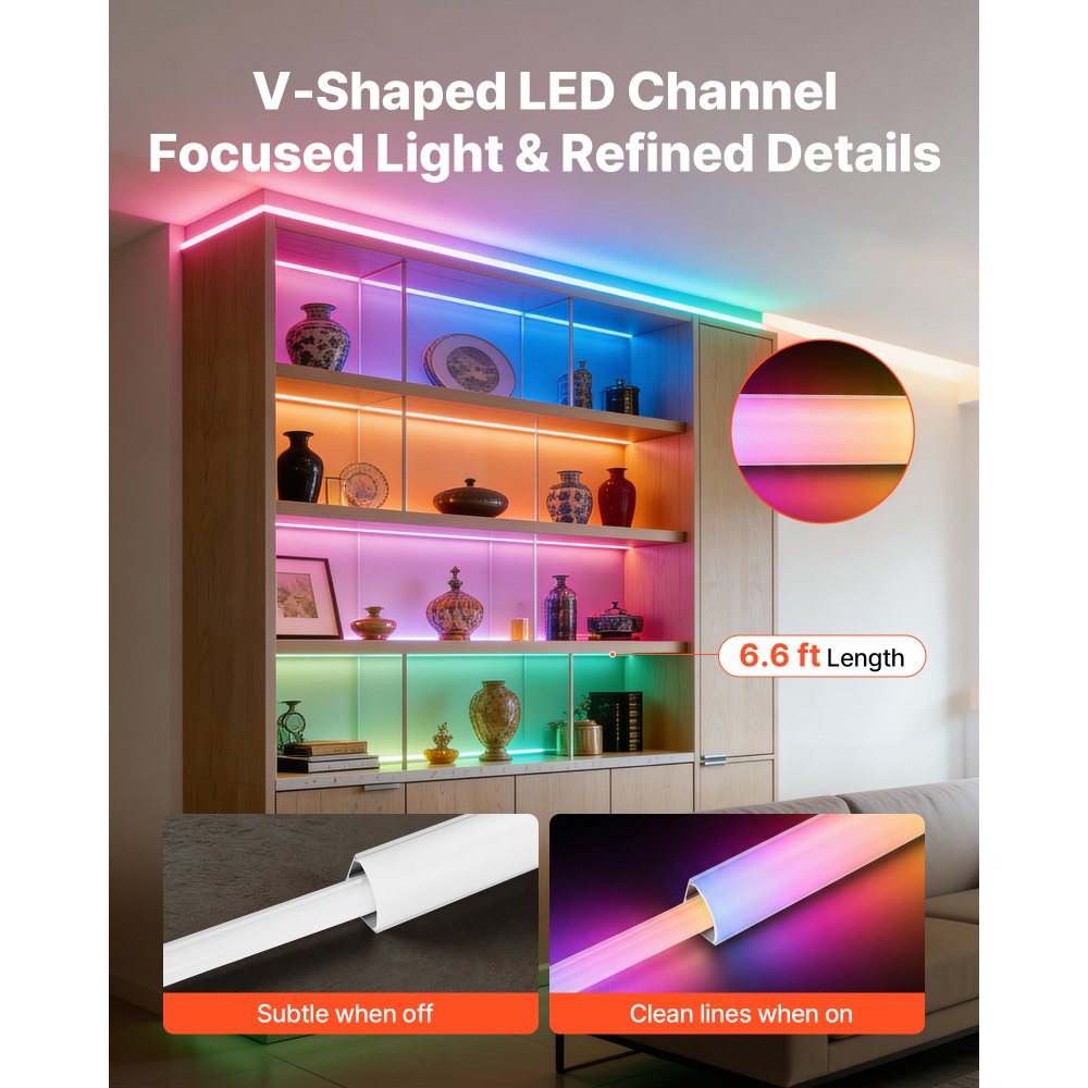 VEVOR 10-Pack 6.6 ft/2M V Shape LED Aluminum Channel, with Milky Cover, End Caps and Mounting Clips, Aluminum Profile for LED Strip Light Installations, Easy Installation, for Under Cabinet Counter