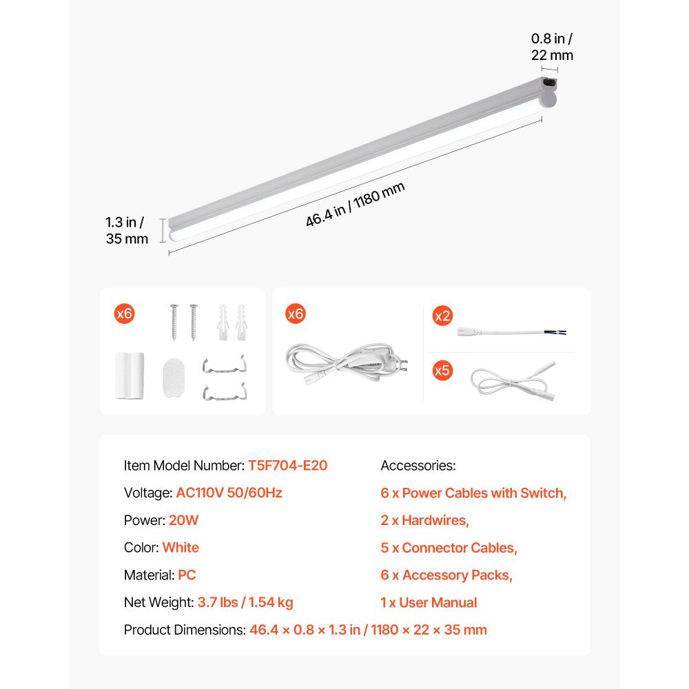 VEVOR LED Shop Light, 6 Pack T5 Integrated Single Fixture, 4FT, 2200lm, 6500K Linkable LED Tube Light, Corded Electric with ON/Off Switch, Suitable for Garage Warehouse Workbench Workshop