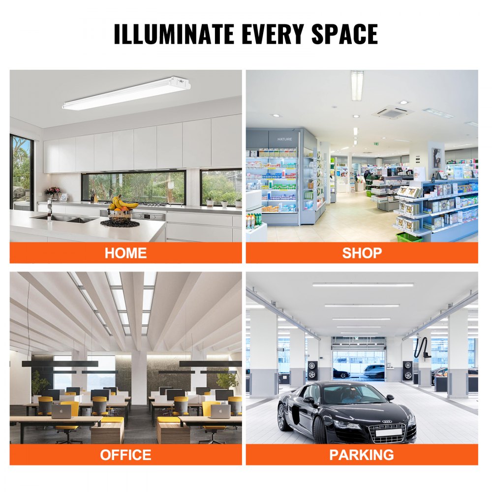 VEVOR 4FT LED Wraparound Light, 50W, 5500LM Flush Mount LED Shop Light, 4 Pack 6500K Daylight LED Kitchen Ceiling Lighting Fixtures, for Garage Office Laundry Fluorescent Tube Replacement, FCC