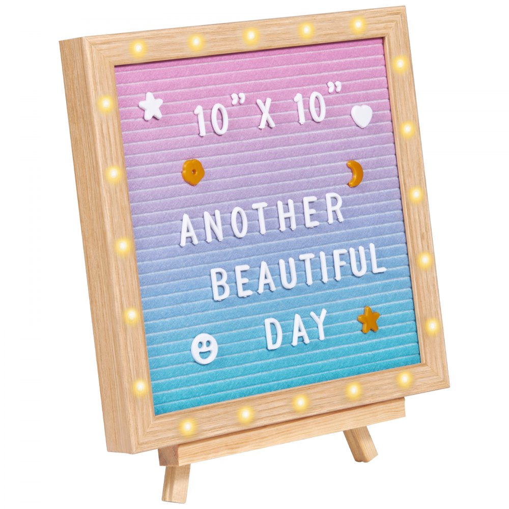 VEVOR Gradient Felt Letter Board, 10"x10" Felt Message Board, Changeable Sign Boards with 510 Letters, Stand, and Built-in LED Lights, Baby Announcement Sign for Home Classroom Office Decor Wedding