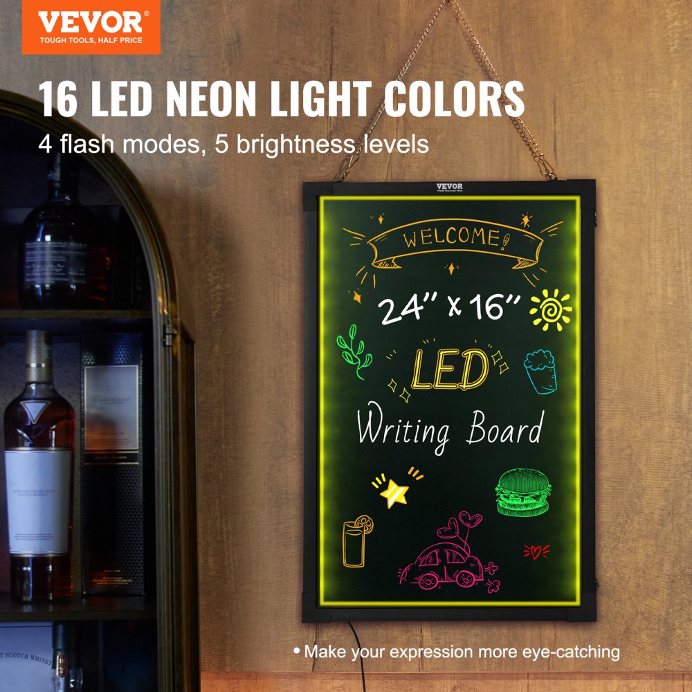 VEVOR LED Message Writing Board, 24"x16" Illuminated Erasable Lighted Chalkboard, Neon Effect Menu Sign Board, Drawing Board with 8 Fluorescent Chalk Markers and Remote Tested to UL Standards