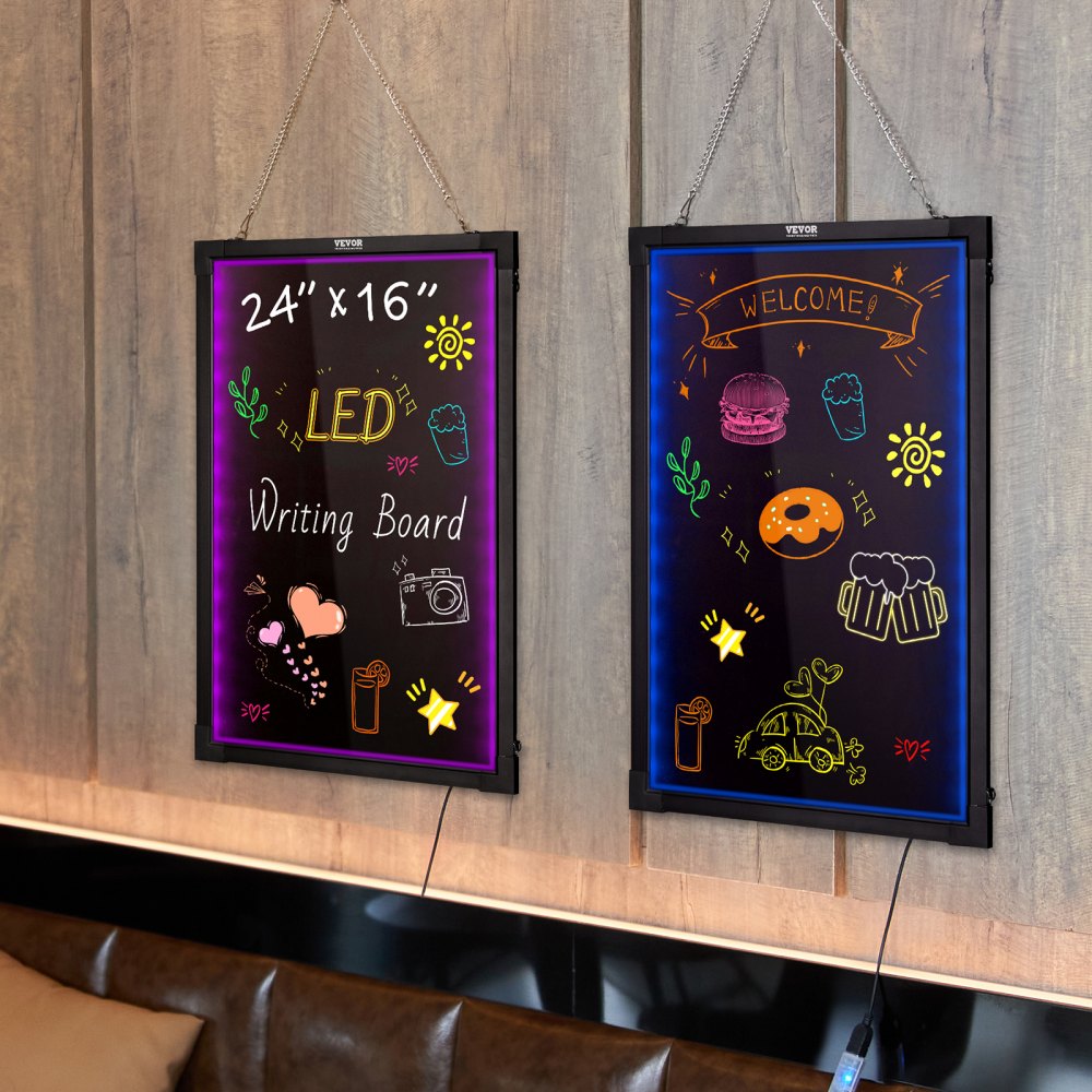 VEVOR LED Message Writing Board, 24"x16" Illuminated Erasable Lighted Chalkboard, Neon Effect Menu Sign Board, Drawing Board with 8 Fluorescent Chalk Markers and Remote Tested to UL Standards