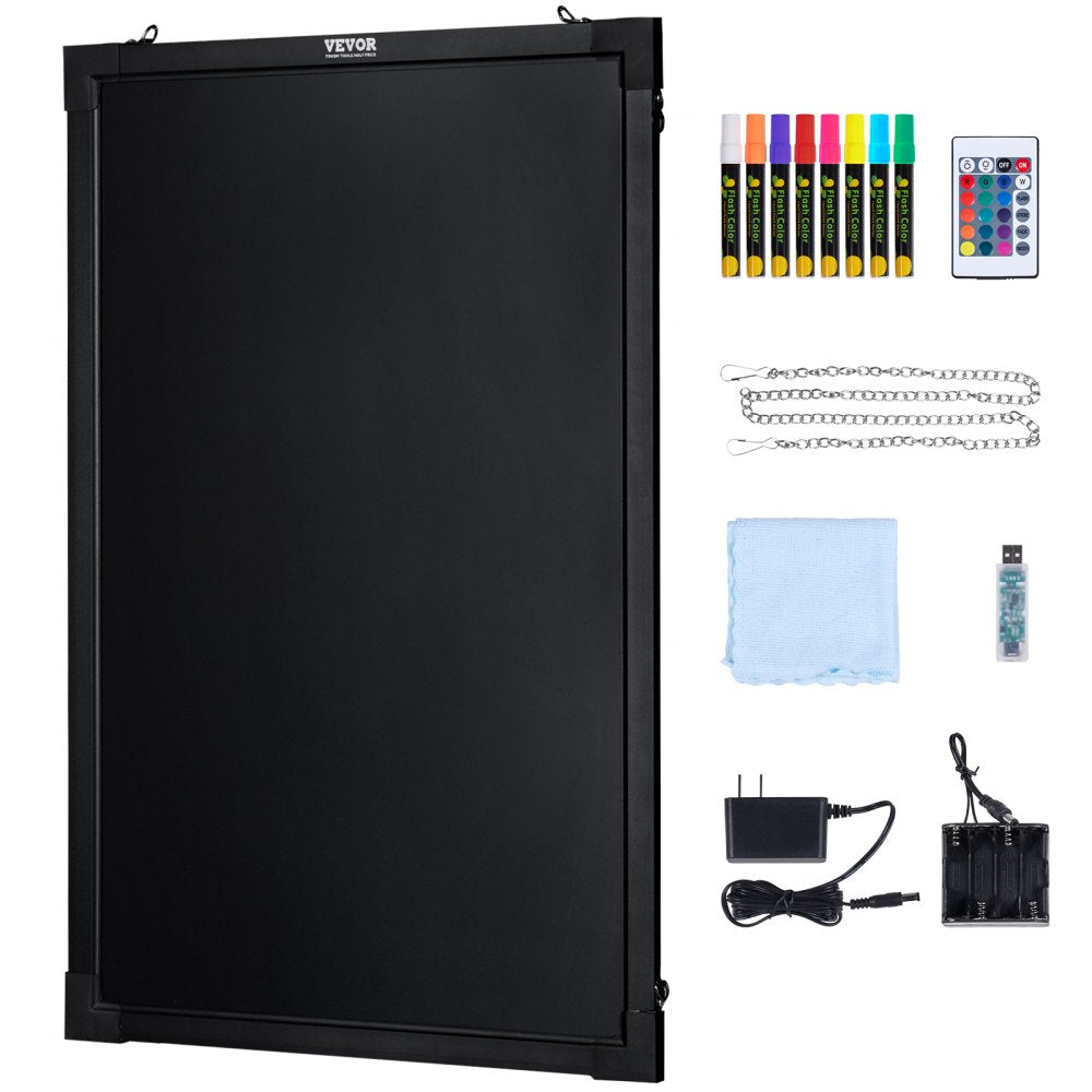 VEVOR LED Message Writing Board, 24"x16" Illuminated Erasable Lighted Chalkboard, Neon Effect Menu Sign Board, Drawing Board with 8 Fluorescent Chalk Markers and Remote Tested to UL Standards