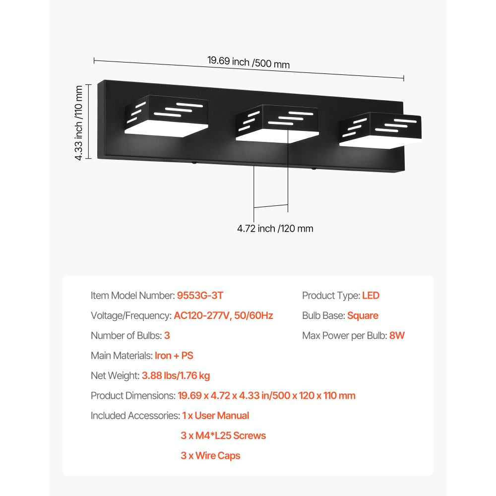 VEVOR 3-Light LED Modern Vanity Light Fixtures, 19.69-Inch, Black Finish Bathroom Wall Lighting Fixture Over Mirror, with IP44 Waterproof, for Bathroom, Living Room, Bedroom, Hallway, Cool White 6000K