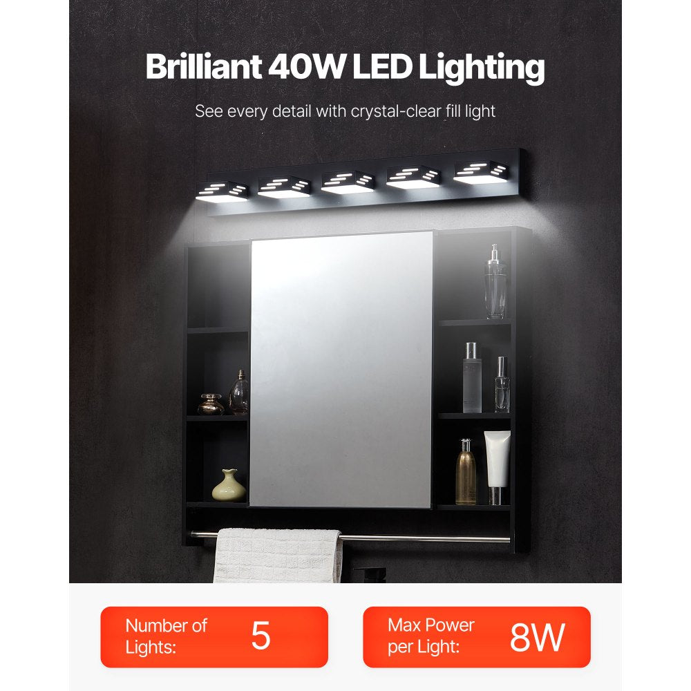 VEVOR 5-Light LED Modern Vanity Light Fixtures, 33.46-Inch, Black Finish Bathroom Wall Lighting Fixture Over Mirror, with IP44 Waterproof, for Bathroom, Living Room, Bedroom, Hallway, Cool White 6000K