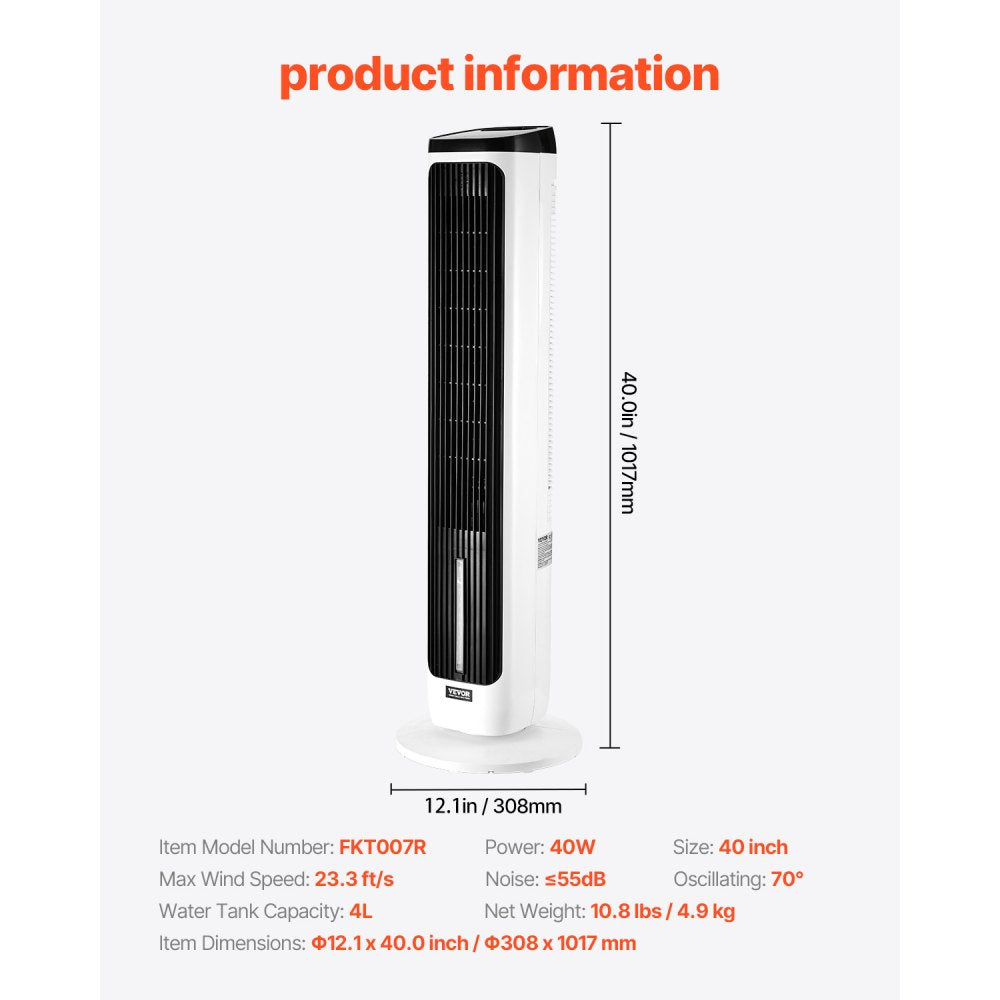 VEVOR Tower Fan, 23.3ft/s Velocity Quiet Floor Fan, 70° Oscillating Fans for Indoors with 9 Speeds, 4 Modes, 24H Timer, Portable Standing Bladeless Fan with Remote Control for Bedroom, Office, Home