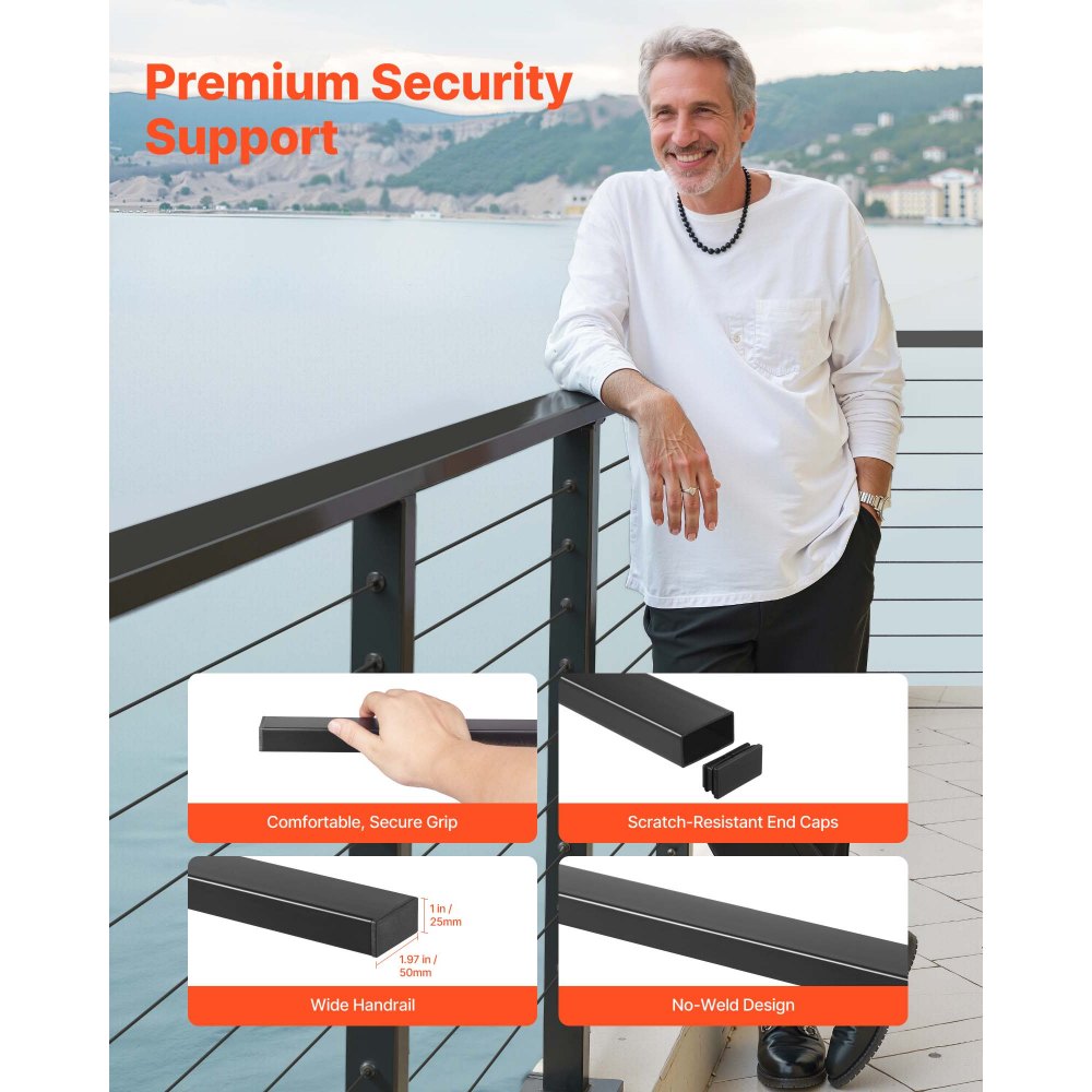VEVOR 6.5 ft Stainless Steel Handrail, Rectangular Top Stair Deck Hand Rail for Outdoor/Indoor Steps with End Cap,Matte Black Coating Adjustable Metal Stair Rail for Cable Railing Kit