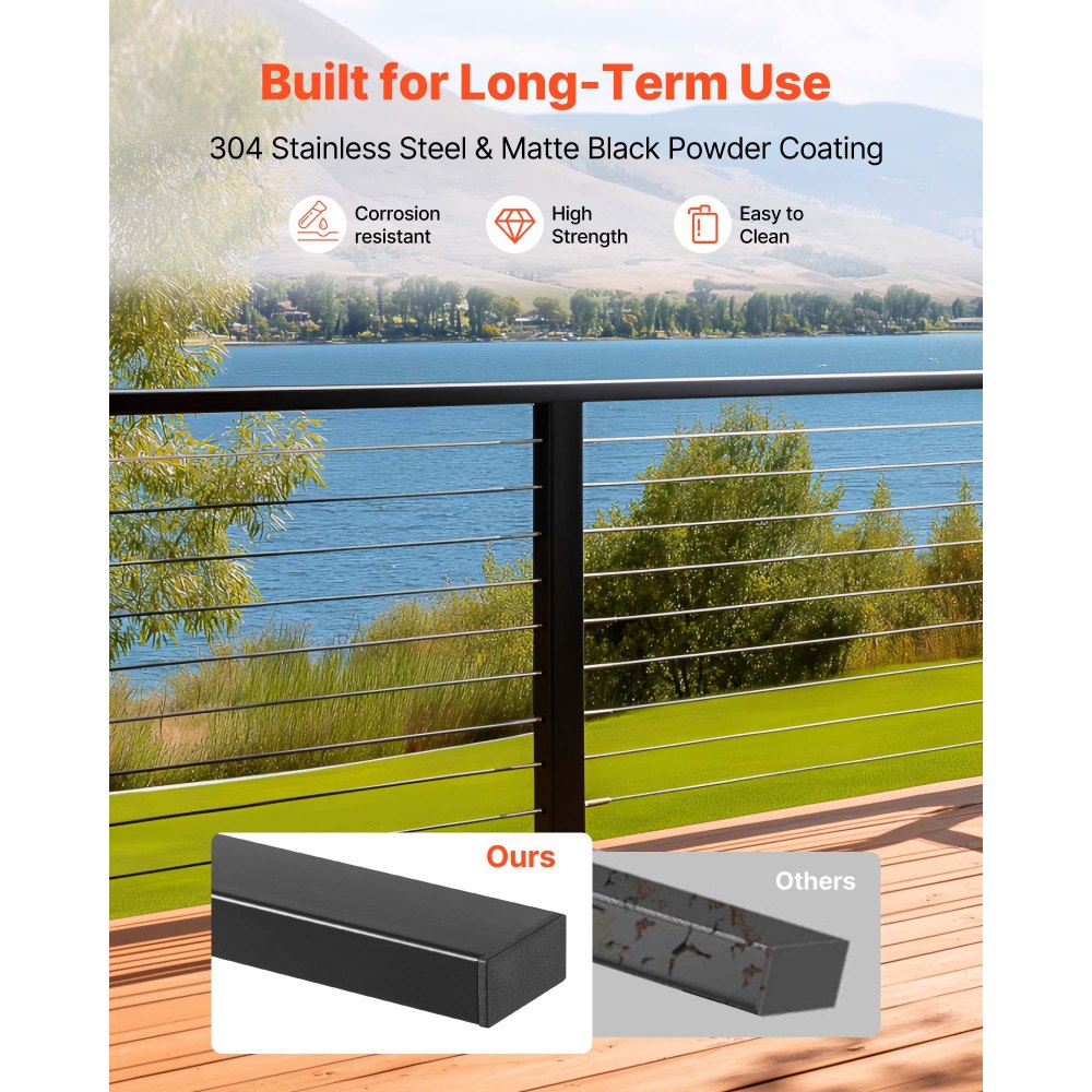 VEVOR 4 Pack 6.5 ft Stainless Steel Handrail, Rectangular Top Stair Deck Hand Rail for Outdoor/Indoor Steps with End Cap,Matte Black Coating Adjustable Metal Stair Rail for Cable Railing Kit