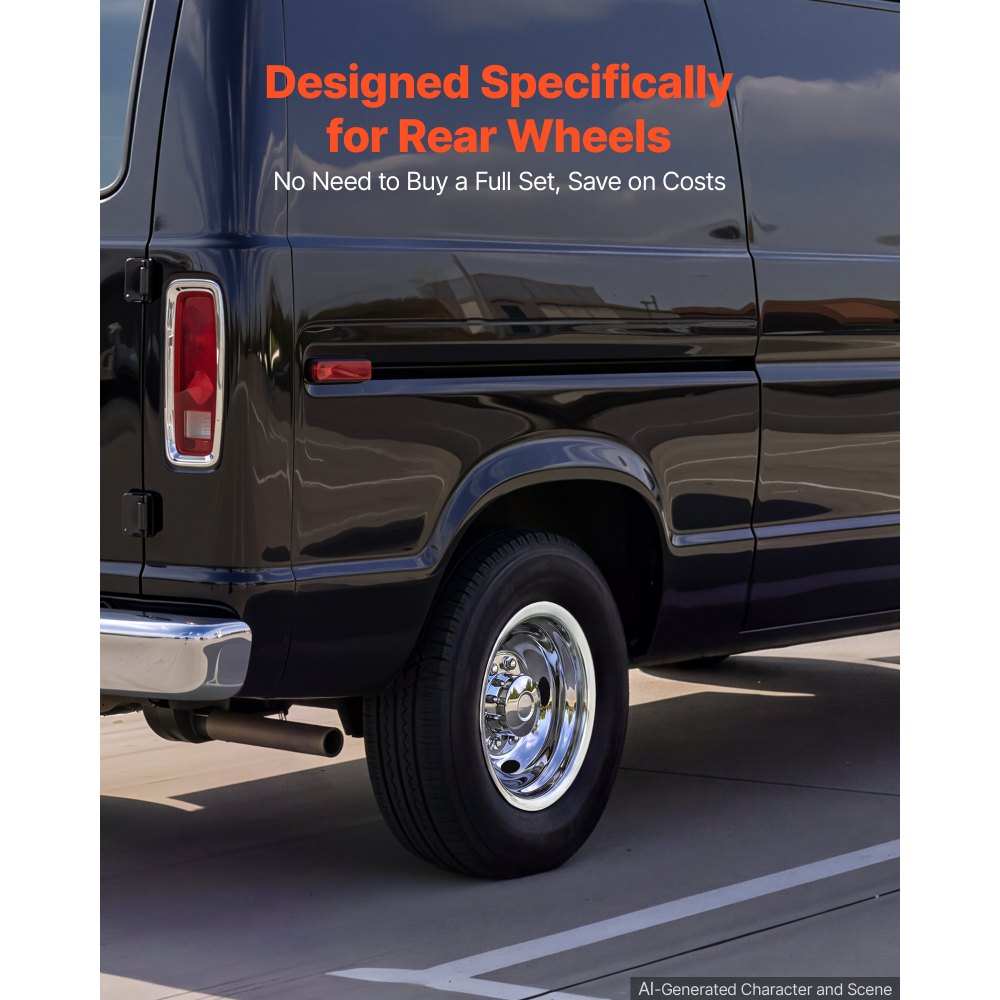 VEVOR 16-Inch Wheel Simulator 8 Lug SUS304 Stainless Steel Rear Wheel Cover, Fit 1975-2025 Ford E350, E450 Models, 4 Hand Holes, Heavy-Duty Polished Appearance, Upgrade Replacements, for Trucks RVs