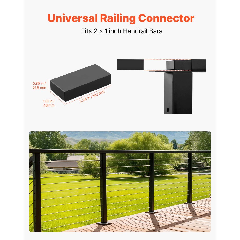 VEVOR 2 Pack Handrail Connectors, Flat Extension Stair Railing Accessories, POM Hand Rail Connector Fittings for Rectangular Cable Railing, Deck Cable Rail System Outdoor, Matte Black, HT-04