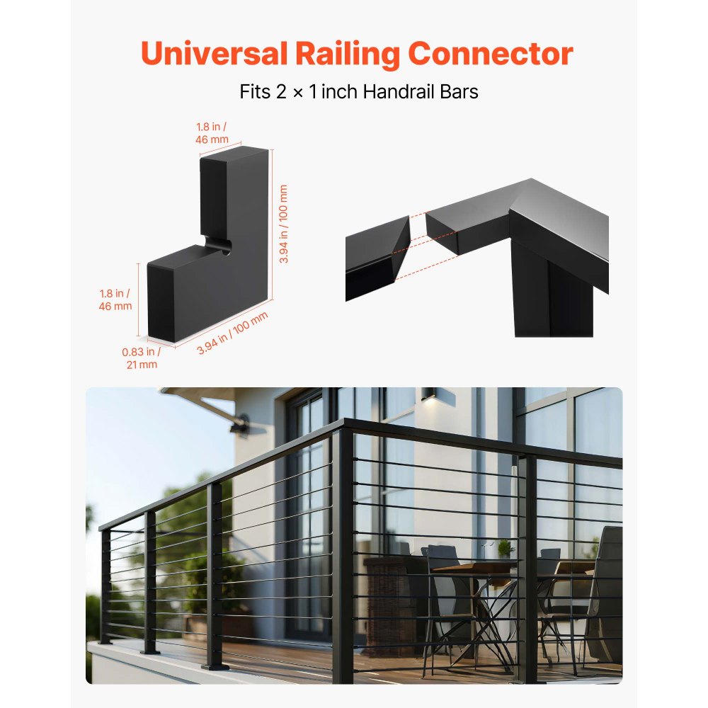 VEVOR 2 Pack Corner Connectors for Handrail, Extension Stair Railing Accessories, POM Hand Rail Connector Fittings for Rectangular Cable Railing, Deck Cable Rail System Outdoor, Matte Black, HT-05