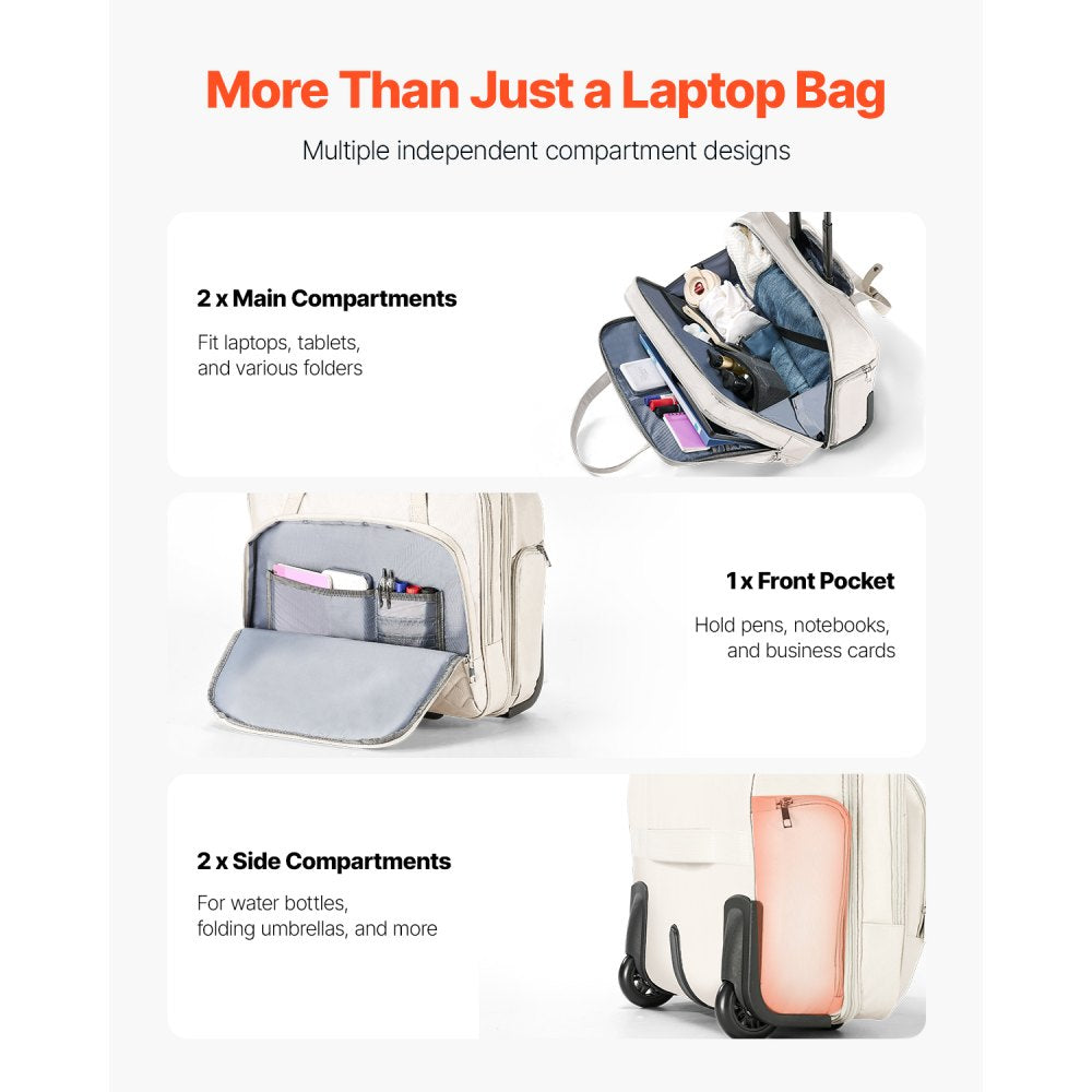 VEVOR Rolling Laptop Bag, Fits Up to 15.6 Inch Laptop, Wheeled Briefcase, Roller Computer Tote Bag with 2 Fixed Wheels & Telescoping Handle, Laptop Case for Work Travel Business Office, Women Men