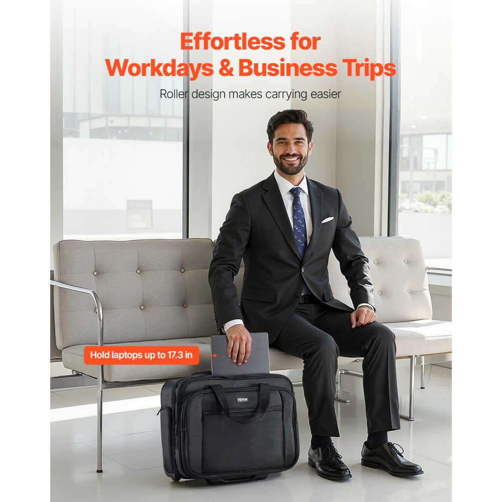 VEVOR Rolling Laptop Bag, Fits Up to 17.3 Inch Laptop, Wheeled Briefcase, Roller Computer Tote Bag with Wheels & Telescoping Handle, Laptop Case for Work Travel Business Office, Women & Men (Black)