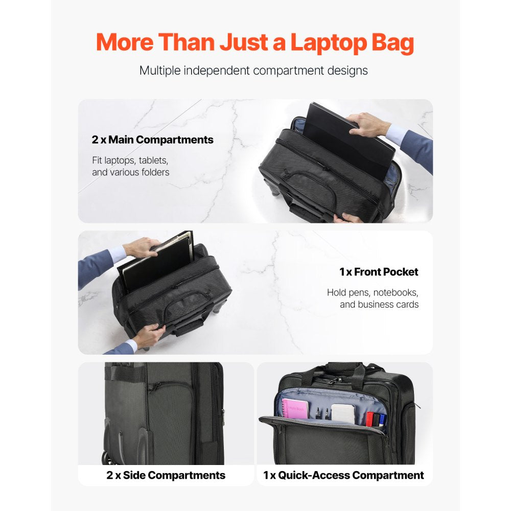 VEVOR Rolling Laptop Bag, Fits Up to 17.3 Inch Laptop, Wheeled Briefcase, Roller Computer Tote Bag with Wheels & Telescoping Handle, Laptop Case for Work Travel Business Office, Women & Men (Black)