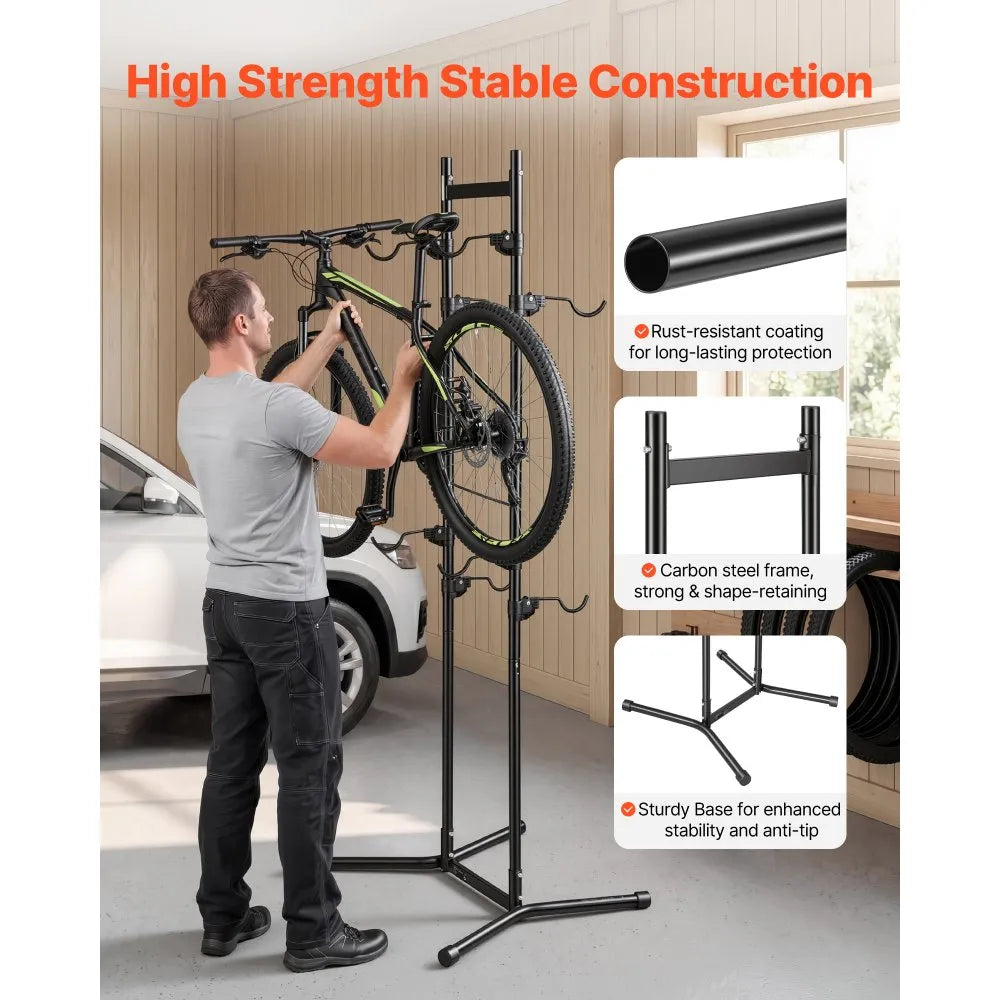 VEVOR Bike Stand for 4 Bikes, Freestanding Vertical Bike Storage Rack, with Height-Adjustable Hooks, Heavy-Duty Carbon Steel Garage Bicycle Floor Stand, Ideal for Garage, Apartment, Home, Black
