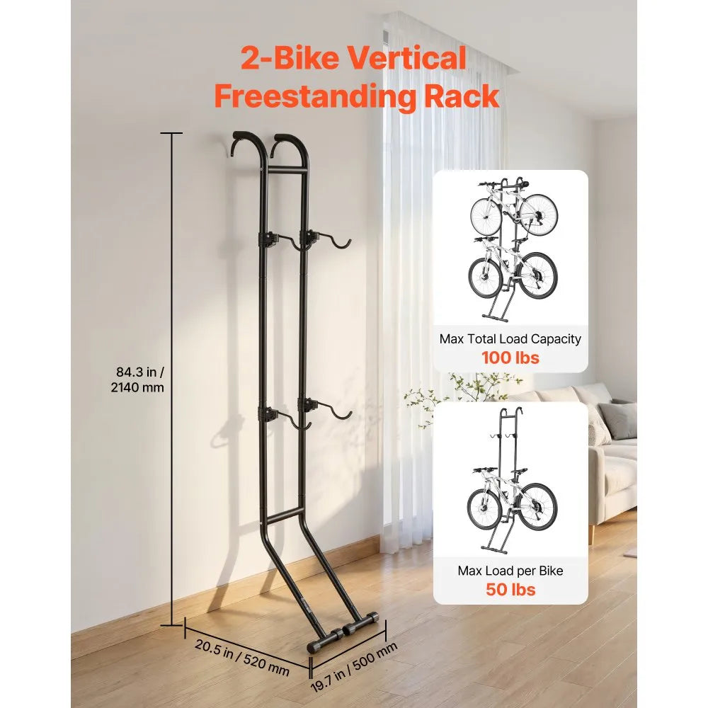 VEVOR Bike Stand for 2 Bikes, Freestanding Vertical Bike Storage Rack, with Height-Adjustable Hooks, Heavy-Duty Carbon Steel Standing Bicycle Floor Stand, Ideal for Garage, Apartment, Home, Black