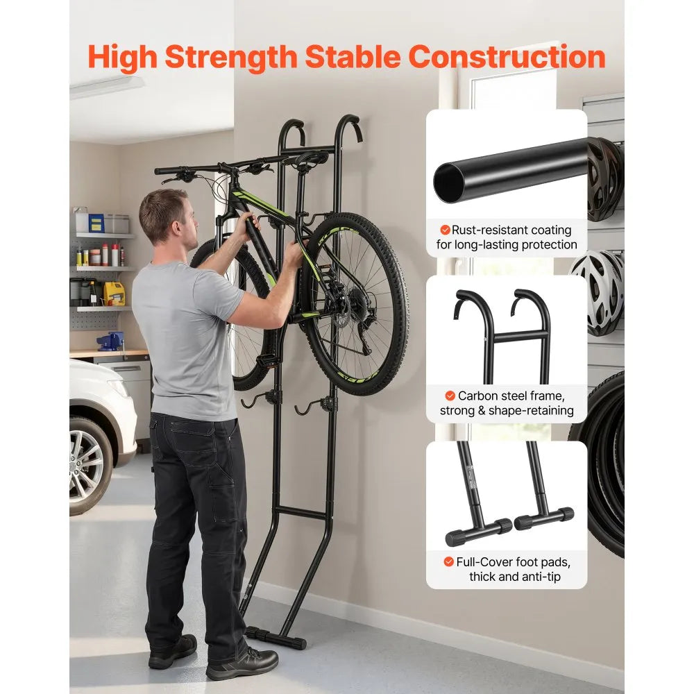 VEVOR Bike Stand for 2 Bikes, Freestanding Vertical Bike Storage Rack, with Height-Adjustable Hooks, Heavy-Duty Carbon Steel Standing Bicycle Floor Stand, Ideal for Garage, Apartment, Home, Black