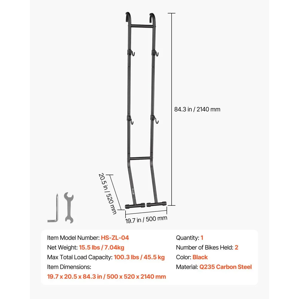 VEVOR Bike Stand for 2 Bikes, Freestanding Vertical Bike Storage Rack, with Height-Adjustable Hooks, Heavy-Duty Carbon Steel Standing Bicycle Floor Stand, Ideal for Garage, Apartment, Home, Black