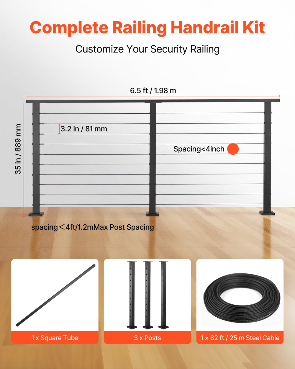 VEVOR 6.5 ft Complete Cable Railing Kit with Post, 36 inch Tall Matte Black Stainless Steel Handrail Cuttable for Outdoor/Indoor Steps, Level Hole Drilled Railing Posts System for Stairs,Deck,Balcony