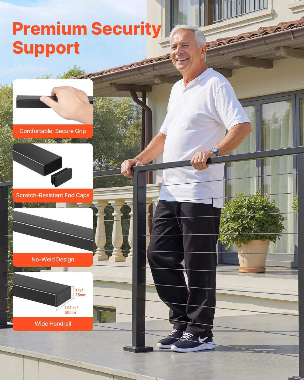 VEVOR 6.5 ft Complete Cable Railing Kit with Post, 36 inch Tall Matte Black Stainless Steel Handrail Cuttable for Outdoor/Indoor Steps, Level Hole Drilled Railing Posts System for Stairs,Deck,Balcony