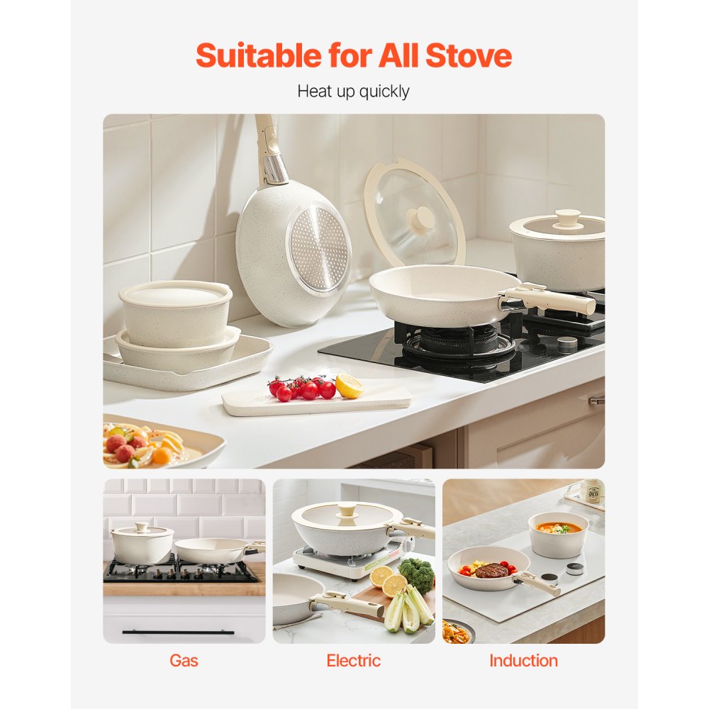VEVOR 17 Piece Pots and Pans Set Nonstick, Detachable Handle Cookware, Space Saving Induction cookware set, Kitchen RV Cooking Sets, with Frying, Sauce, Saute, Tempered Glass Lids, Oven Safe, White
