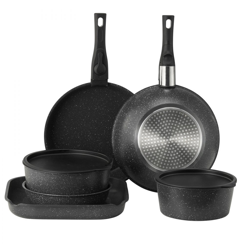 VEVOR 17 Piece Pots and Pans Set, Granite Nonstick Detachable Handle Cookware, Space Saving Induction Cookwares, Kitchen RV Cooking Sets with Frying, Sauce, Saute, Tempered Glass Lid, Oven Safe, Black