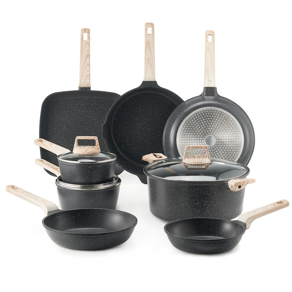 VEVOR 19 Piece Pots and Pans Set, Granite Nonstick Cookware Set, Induction Cookwares, Kitchen RV Cooking Sets with Frying, Sauce, Saute, Tempered Glass Lids, and Pan Protectors, Black