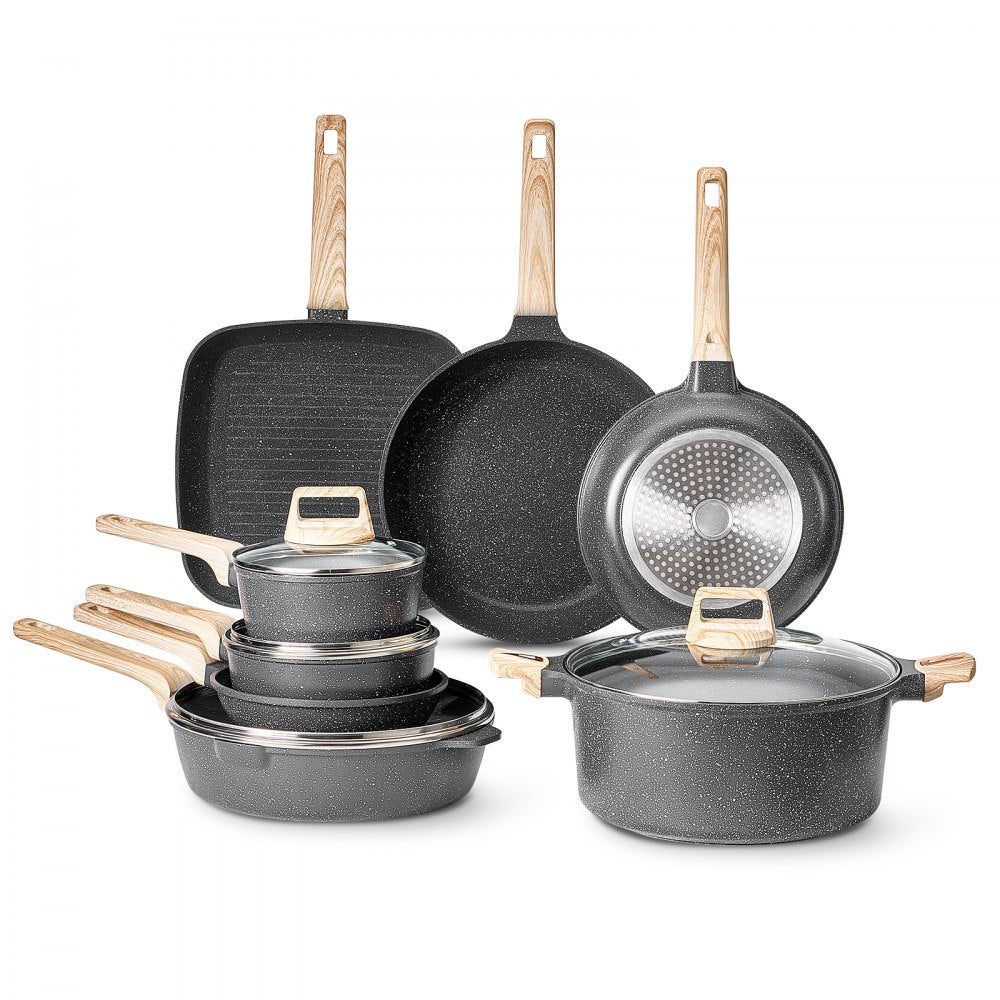 VEVOR 19 Piece Pots and Pans Set, Granite Nonstick Cookware Set, Induction Cookwares, Kitchen RV Cooking Sets with Frying, Sauce, Saute, Tempered Glass Lids, and Pan Protectors, Black