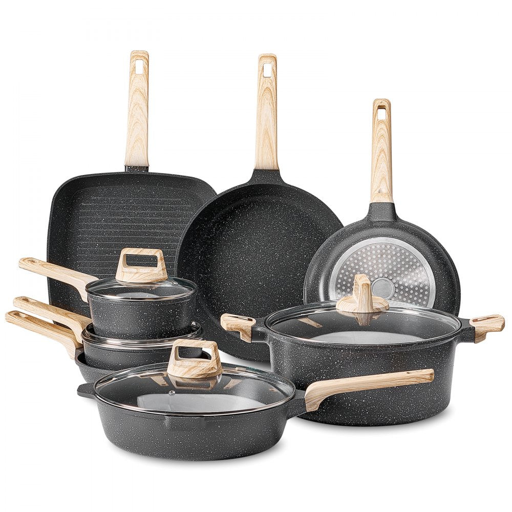 VEVOR 19 Piece Pots and Pans Set, Granite Nonstick Cookware Set, Induction Cookwares, Kitchen RV Cooking Sets with Frying, Sauce, Saute, Tempered Glass Lids, and Pan Protectors, Black