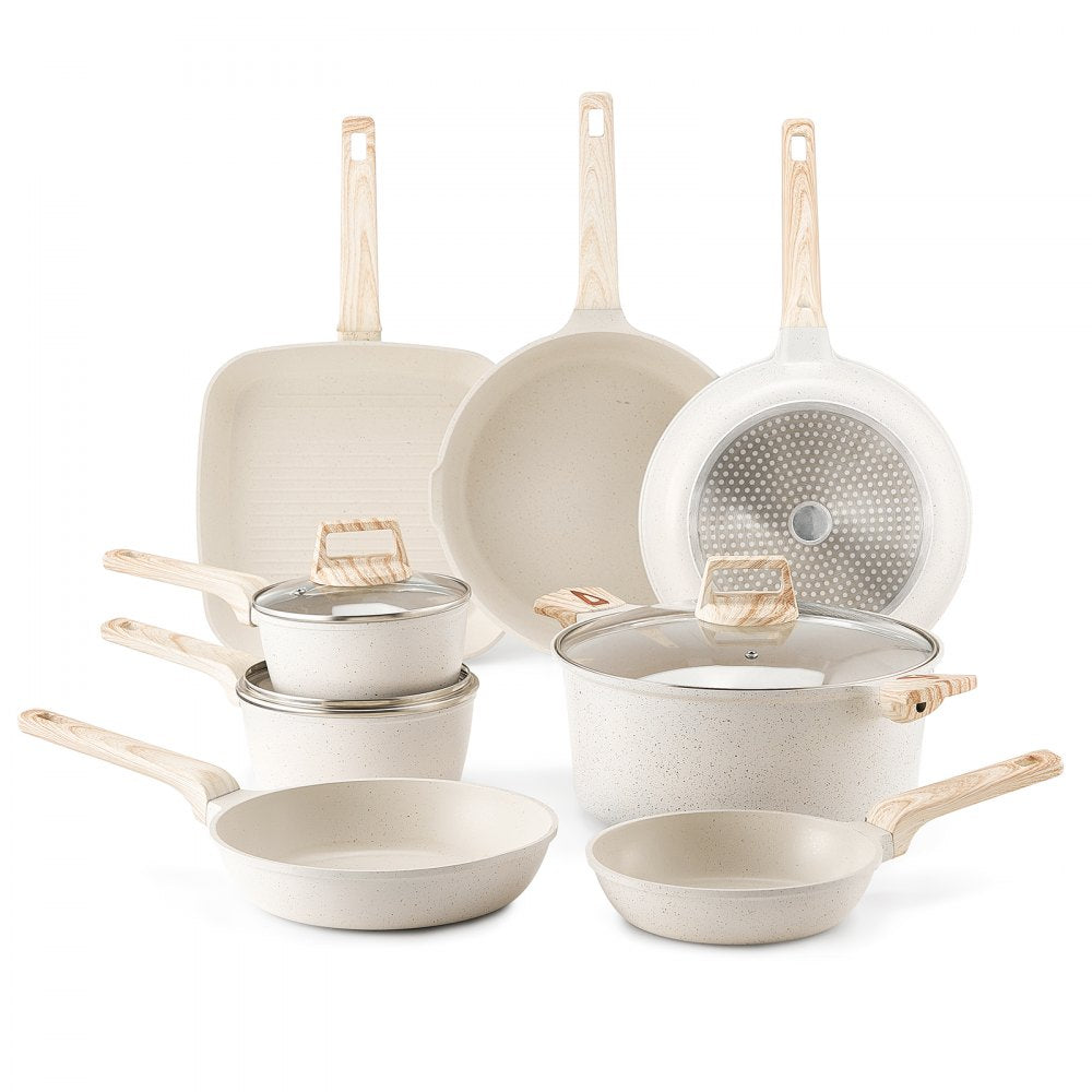 VEVOR 19 Piece Pots and Pans Set Nonstick, Granite Cookware Set, Induction Cookwares, Kitchen RV Cooking Sets with Frying, Sauce, Saute, Tempered Glass Lids, and Pan Protectors, White