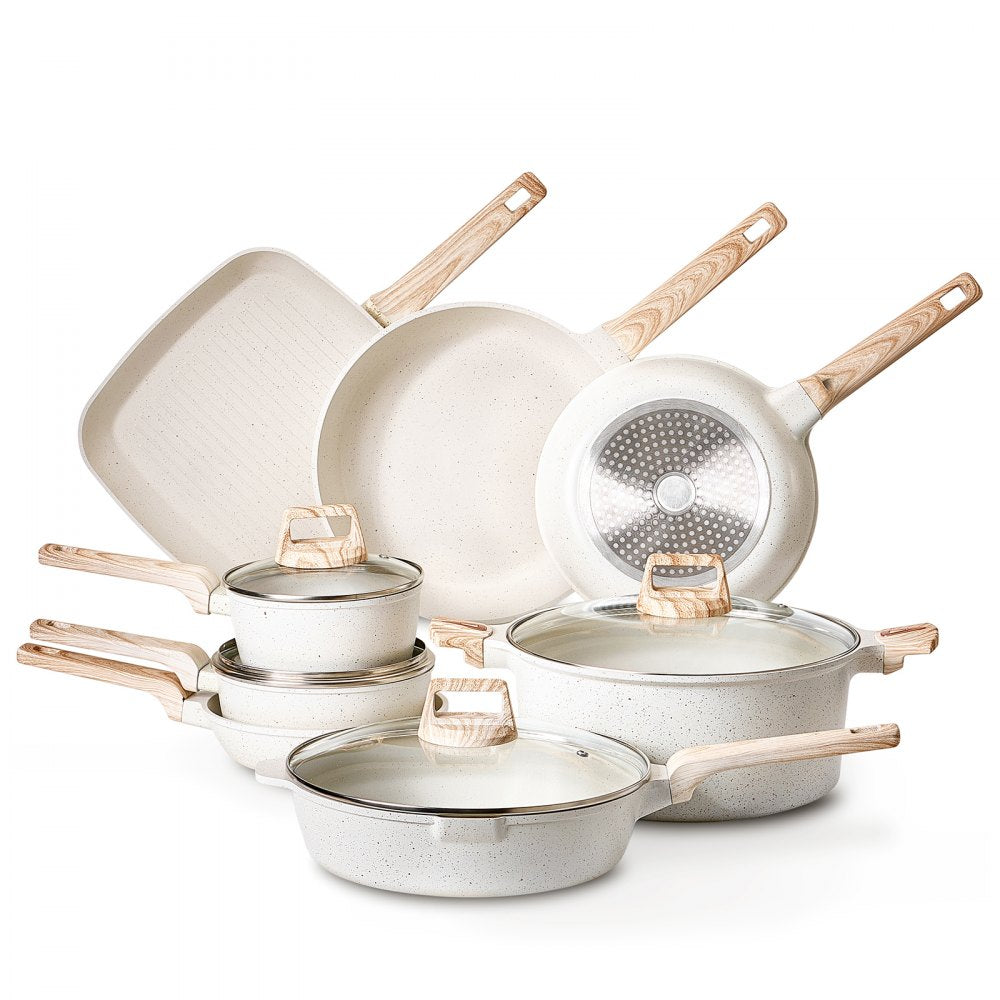 VEVOR 19 Piece Pots and Pans Set Nonstick, Granite Cookware Set, Induction Cookwares, Kitchen RV Cooking Sets with Frying, Sauce, Saute, Tempered Glass Lids, and Pan Protectors, White