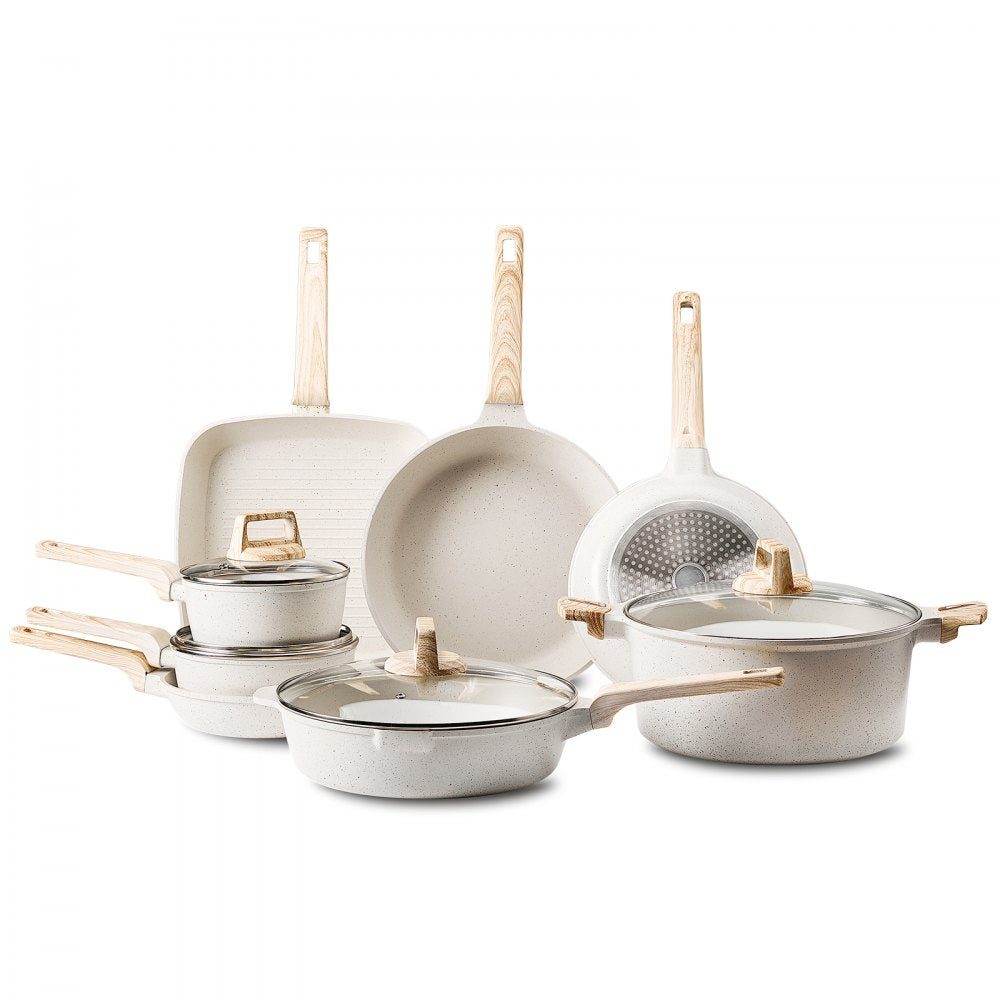VEVOR 19 Piece Pots and Pans Set Nonstick, Granite Cookware Set, Induction Cookwares, Kitchen RV Cooking Sets with Frying, Sauce, Saute, Tempered Glass Lids, and Pan Protectors, White