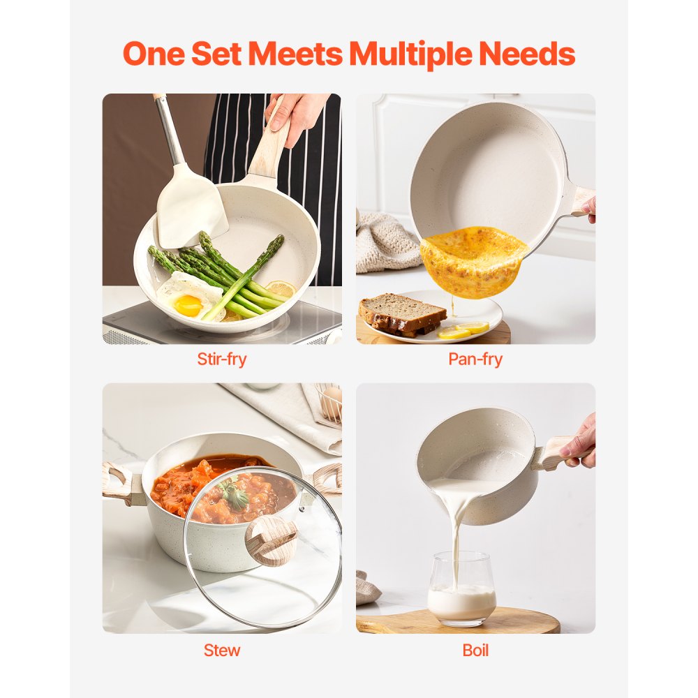 VEVOR 17 Piece Pots and Pans Set, Granite Nonstick Cookware Set, Induction Cookwares, Kitchen RV Cooking Sets with Frying, Sauce, Saute, Tempered Glass Lids, and Pan Protectors, White