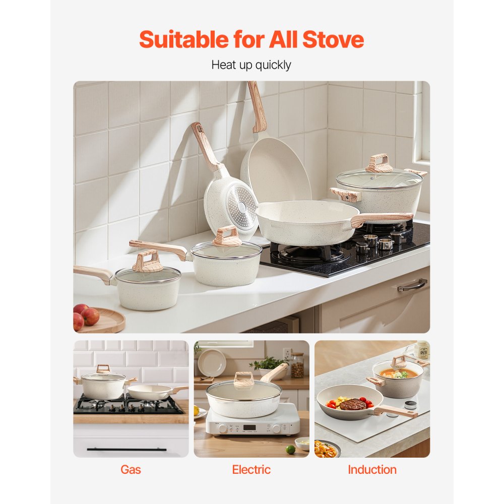 VEVOR 17 Piece Pots and Pans Set, Granite Nonstick Cookware Set, Induction Cookwares, Kitchen RV Cooking Sets with Frying, Sauce, Saute, Tempered Glass Lids, and Pan Protectors, White