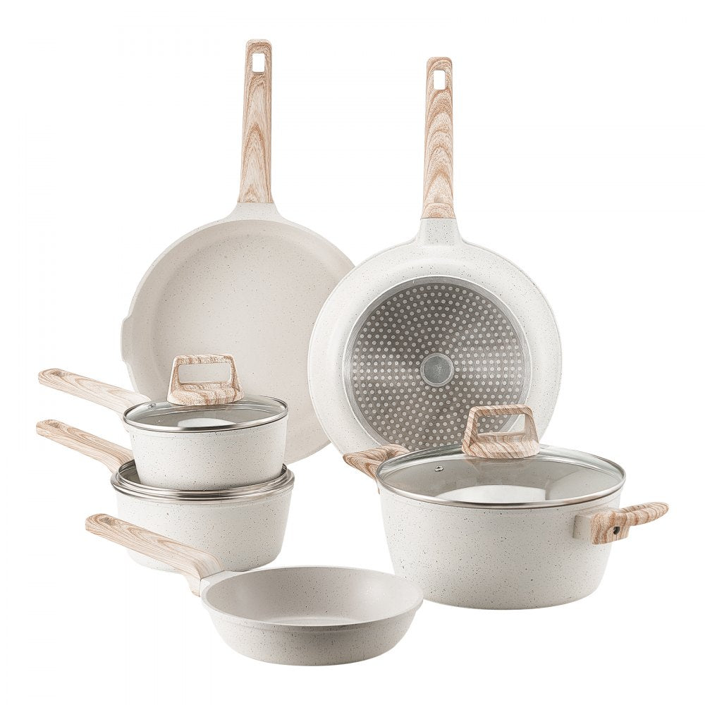VEVOR 17 Piece Pots and Pans Set, Granite Nonstick Cookware Set, Induction Cookwares, Kitchen RV Cooking Sets with Frying, Sauce, Saute, Tempered Glass Lids, and Pan Protectors, White