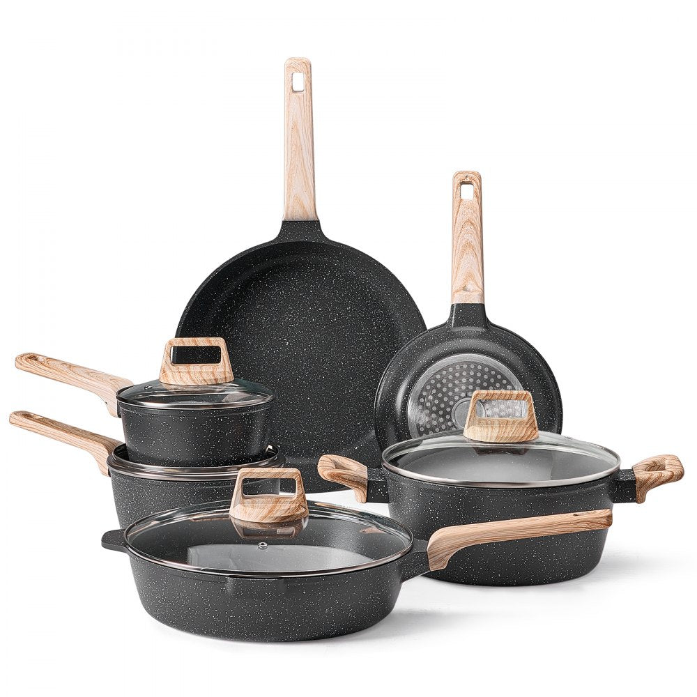 VEVOR 17 Piece Pots and Pans Set Nonstick, Granite Cookware Set, Induction Cookwares, Kitchen RV Cooking Sets with Frying, Sauce, Saute, Tempered Glass Lids, and Pan Protectors, Black