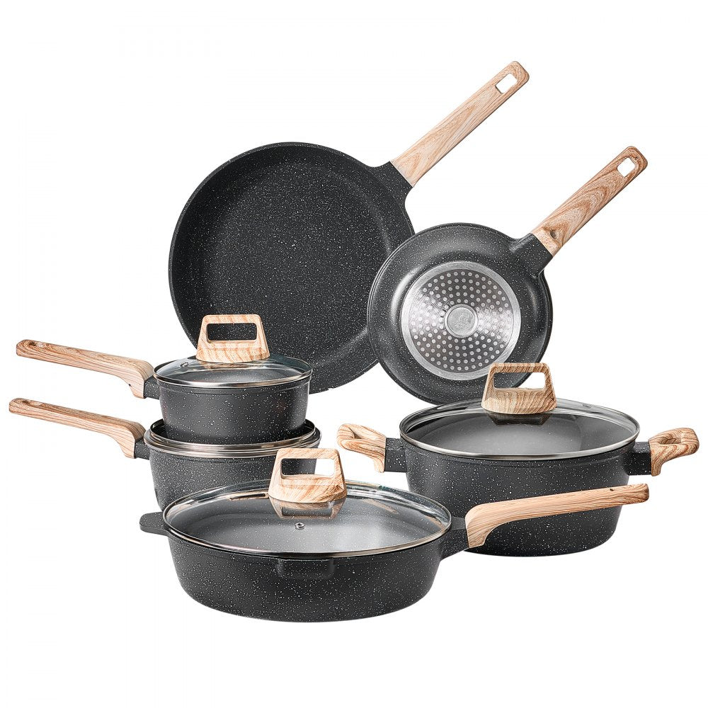 VEVOR 17 Piece Pots and Pans Set Nonstick, Granite Cookware Set, Induction Cookwares, Kitchen RV Cooking Sets with Frying, Sauce, Saute, Tempered Glass Lids, and Pan Protectors, Black