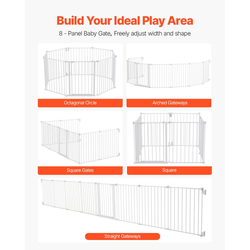 VEVOR Baby Gate, 192 Inches Extra Wide, 28 Inches High 8-Panel Foldable Dog Gate, for Child Pet Security, One-Hand Open, Install Between Two Walls or As a Fence, for Stairs and Doorways, White