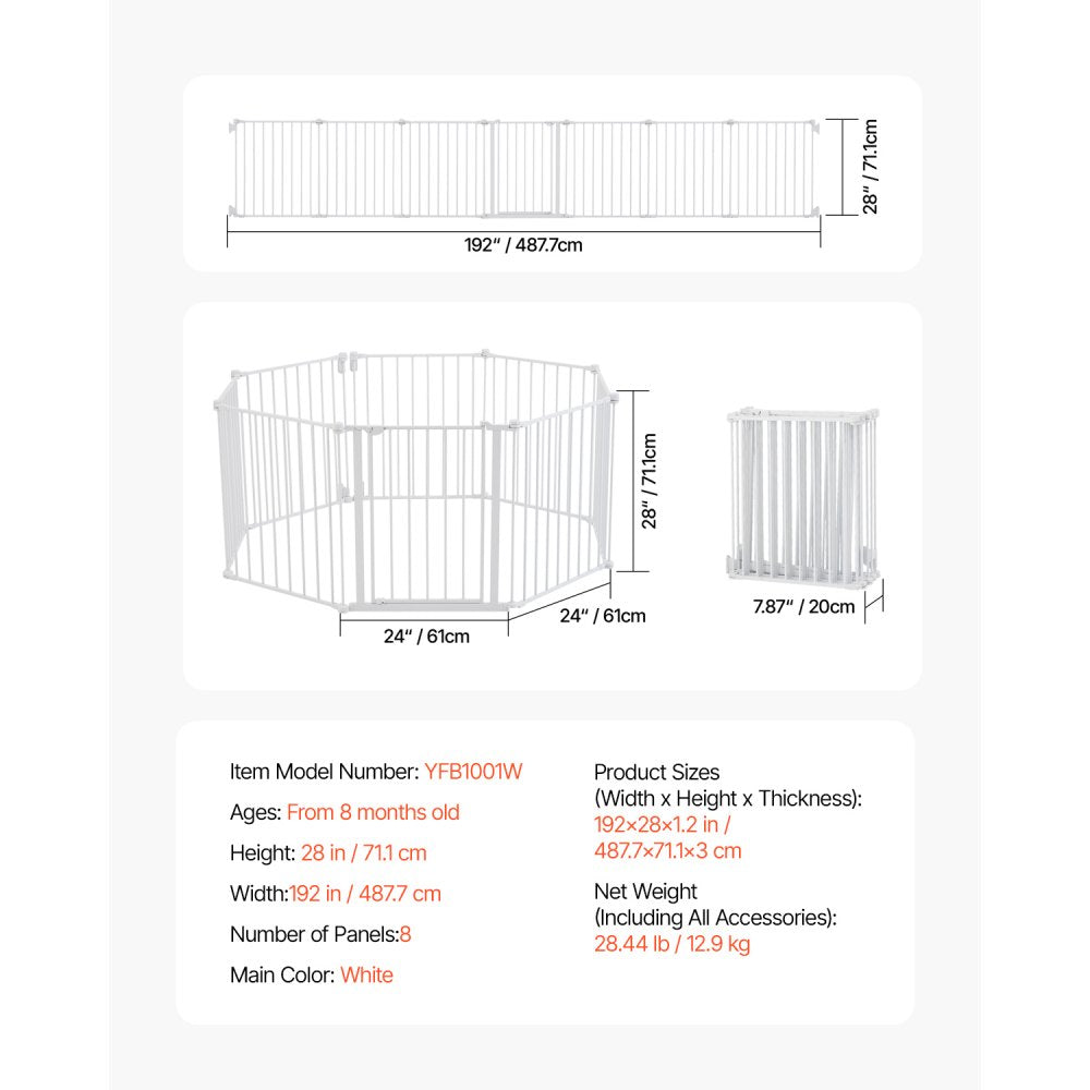 VEVOR Baby Gate, 192 Inches Extra Wide, 28 Inches High 8-Panel Foldable Dog Gate, for Child Pet Security, One-Hand Open, Install Between Two Walls or As a Fence, for Stairs and Doorways, White