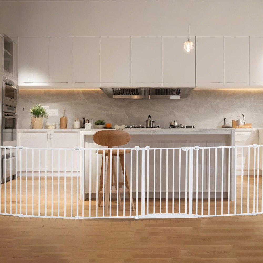 VEVOR Baby Gate, 192 Inches Extra Wide, 28 Inches High 8-Panel Foldable Dog Gate, for Child Pet Security, One-Hand Open, Install Between Two Walls or As a Fence, for Stairs and Doorways, White