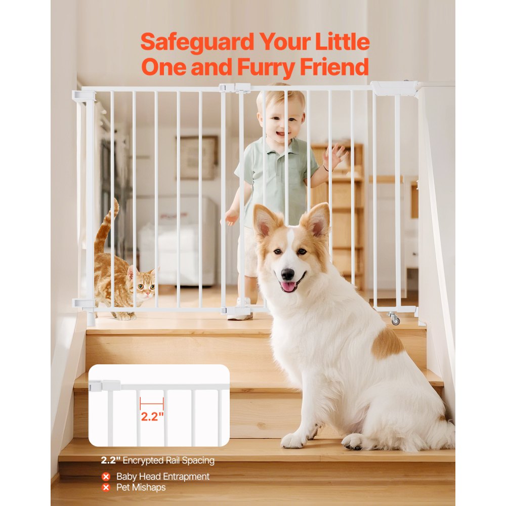 VEVOR Baby Gate, 29.5-43 Inches Adjustable Width, 28 Inches High Dog Gate, No Threshold Bar, Easy Step Walk Thru, for Child Pet Security, with Screws, One-Hand Open, for Stairs and Doorways, White