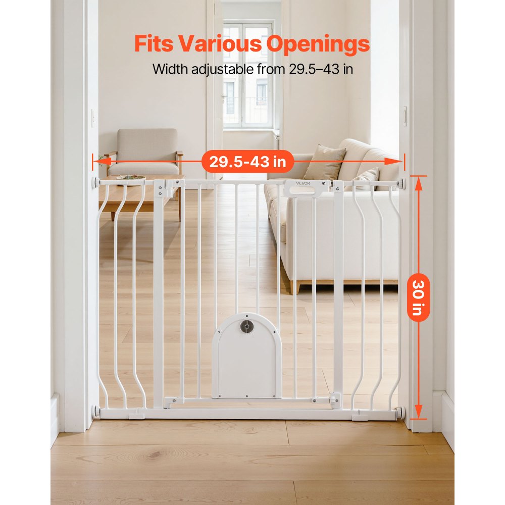 VEVOR Baby Gate for Stairs, 29.5-43 in Adjustable Width, Baby Gate with Adjustable Cat Door, with Pressure Mount Kit and Wall Mount Kit, Secure Metal Pet Door for Stairs, Doorways, and House, White