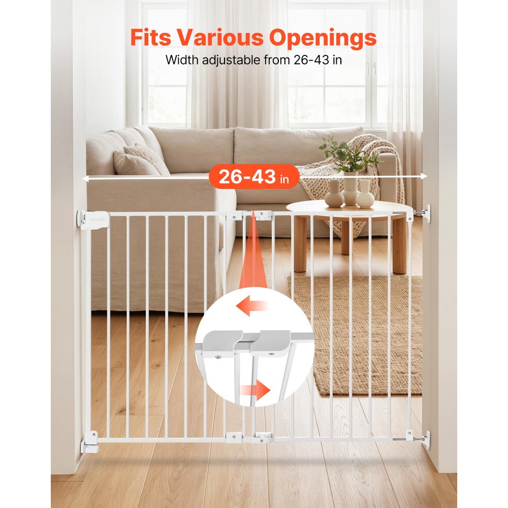 VEVOR Baby Gate for Stairs, 26-43 in Adjustable Width, 28 in High Dog Gate, No Bottom Bar, One-Handed Operation, Easy Drilling Installation with Hardware Kit, for Stairs, Doorways, and House, White