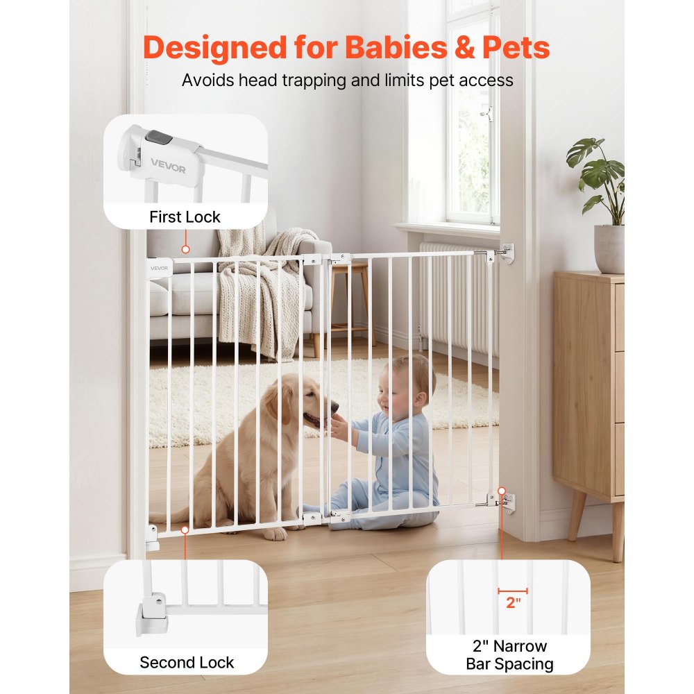VEVOR Baby Gate for Stairs, 26-43 in Adjustable Width, 28 in High Dog Gate, No Bottom Bar, One-Handed Operation, Easy Drilling Installation with Hardware Kit, for Stairs, Doorways, and House, White