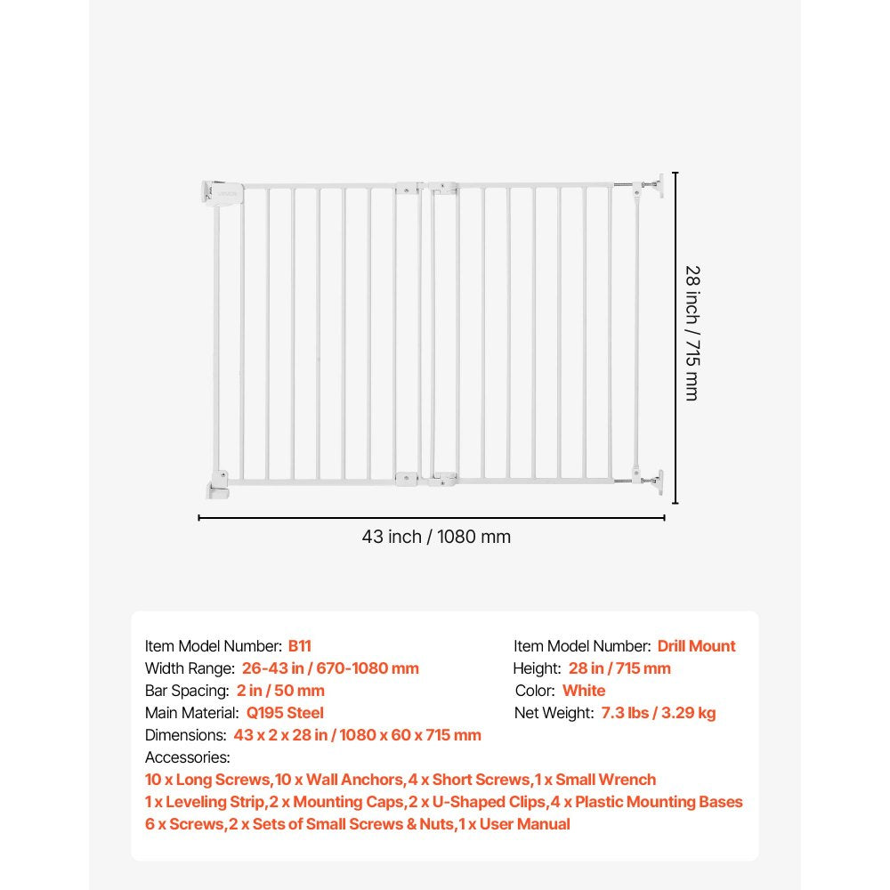 VEVOR Baby Gate for Stairs, 26-43 in Adjustable Width, 28 in High Dog Gate, No Bottom Bar, One-Handed Operation, Easy Drilling Installation with Hardware Kit, for Stairs, Doorways, and House, White