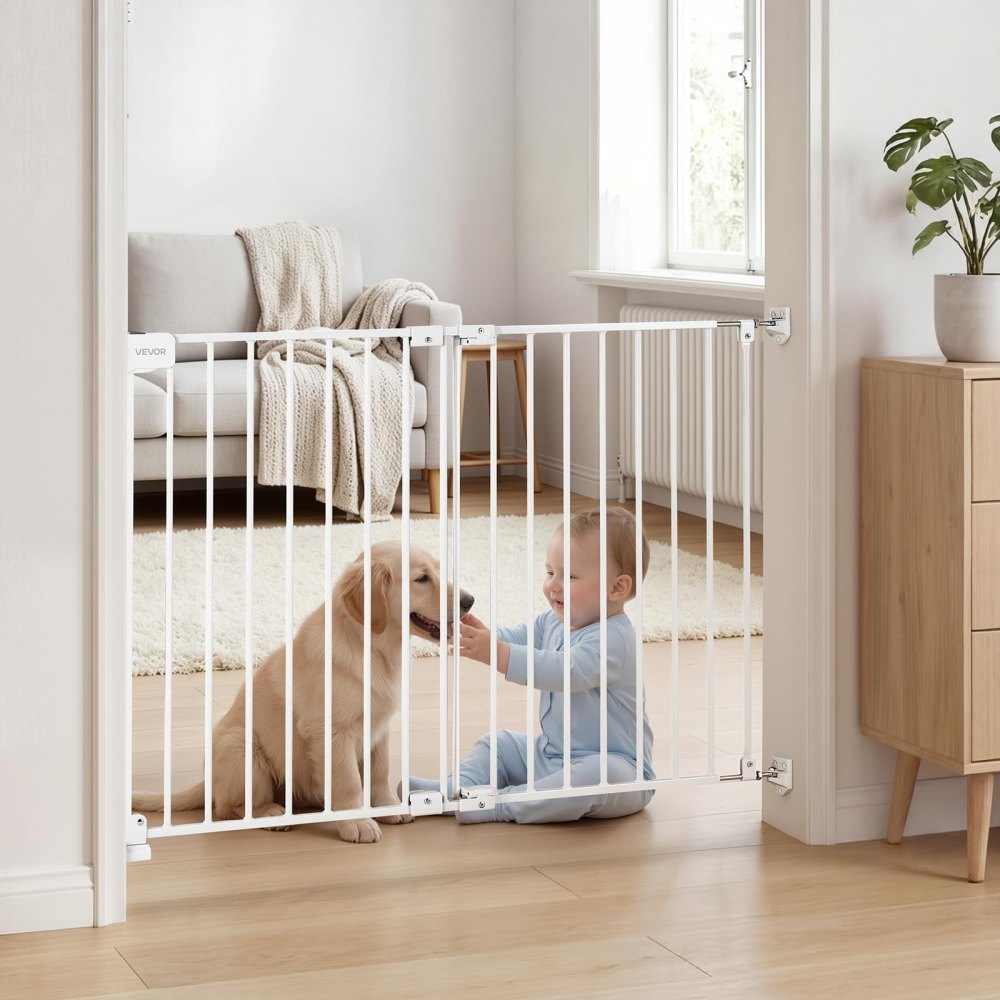 VEVOR Baby Gate for Stairs, 26-43 in Adjustable Width, 28 in High Dog Gate, No Bottom Bar, One-Handed Operation, Easy Drilling Installation with Hardware Kit, for Stairs, Doorways, and House, White