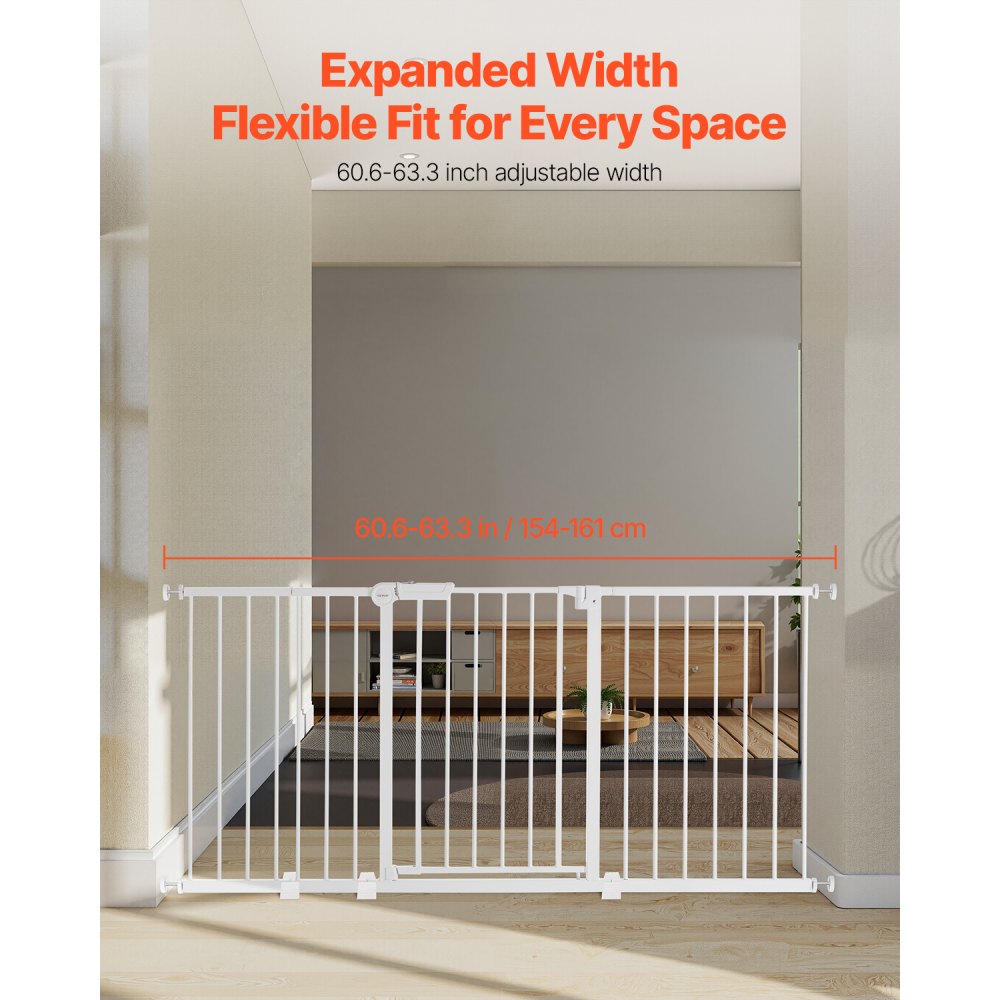 VEVOR Baby Gate, 60.6-63.3 Inches Adjustable Width, 30 Inches High Dog Gate, Easy Step Walk Thru, for Child Pet Security, Pressure Mount Kit, Wall Cups, One-Hand Open, for Stairs and Doorways, White